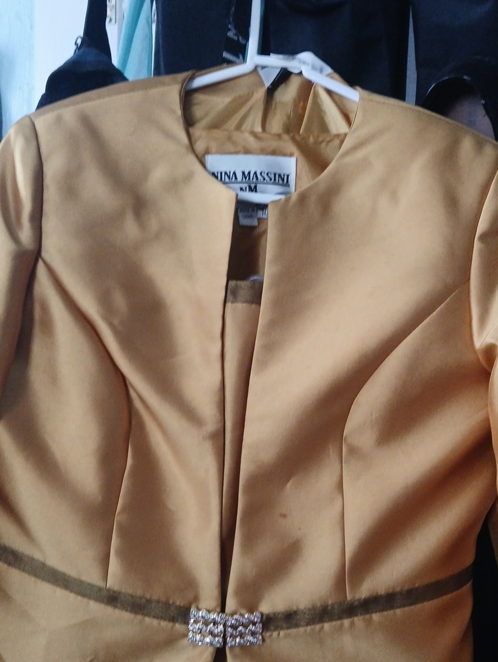 3 Pc Massini Gold Satin Collarless Evening Jacket with Rhinestone Buckle